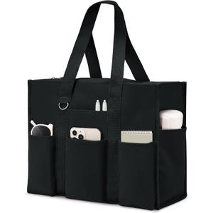 Becokan Large Tote Bag for Women Waterproof with 12 Pockets Top Zipper Closure Utility Teacher Nurse Bags for Work School (Black)
