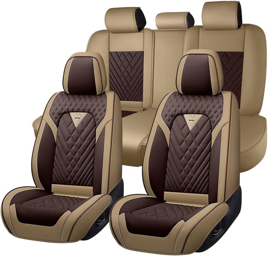 Car Seat Covers Full Set for Ford F150 2000-2026, Waterproof Nappa Leather Car Seat Cover with Memory Foam, Full Coverage&360 Protection Car Seat Covers Sets (5 Seat,Brown&Beige)