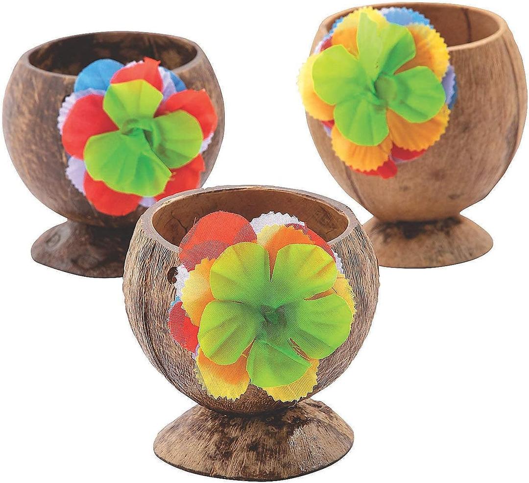 Fun Express Coconut Cups for Party 12 Pack - Natural Coconut Shell Cups with Colorful Flowers | Hawaiian Luau Party Supplies & Tiki Party Decorations | Tropical Theme Favor Holders for Candy Buffet