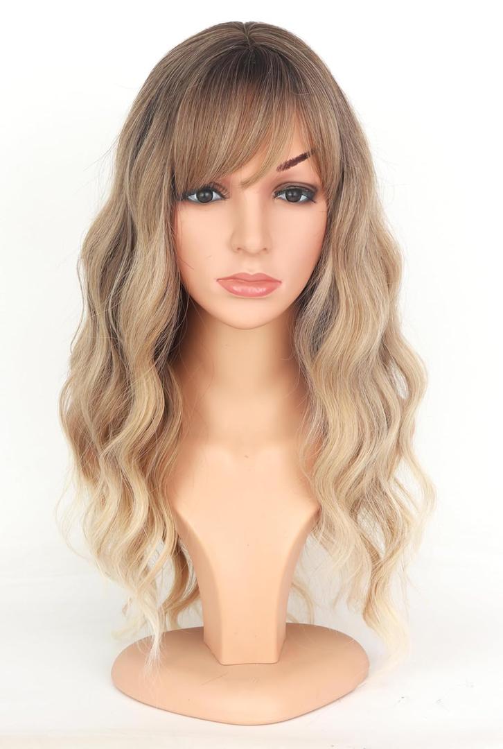 Ombre Dirty Blonde Wavy Wigs With Bangs For Women Medium Long Ash Blonde Synthetic Wigs For Daily Use Dirty Blonde