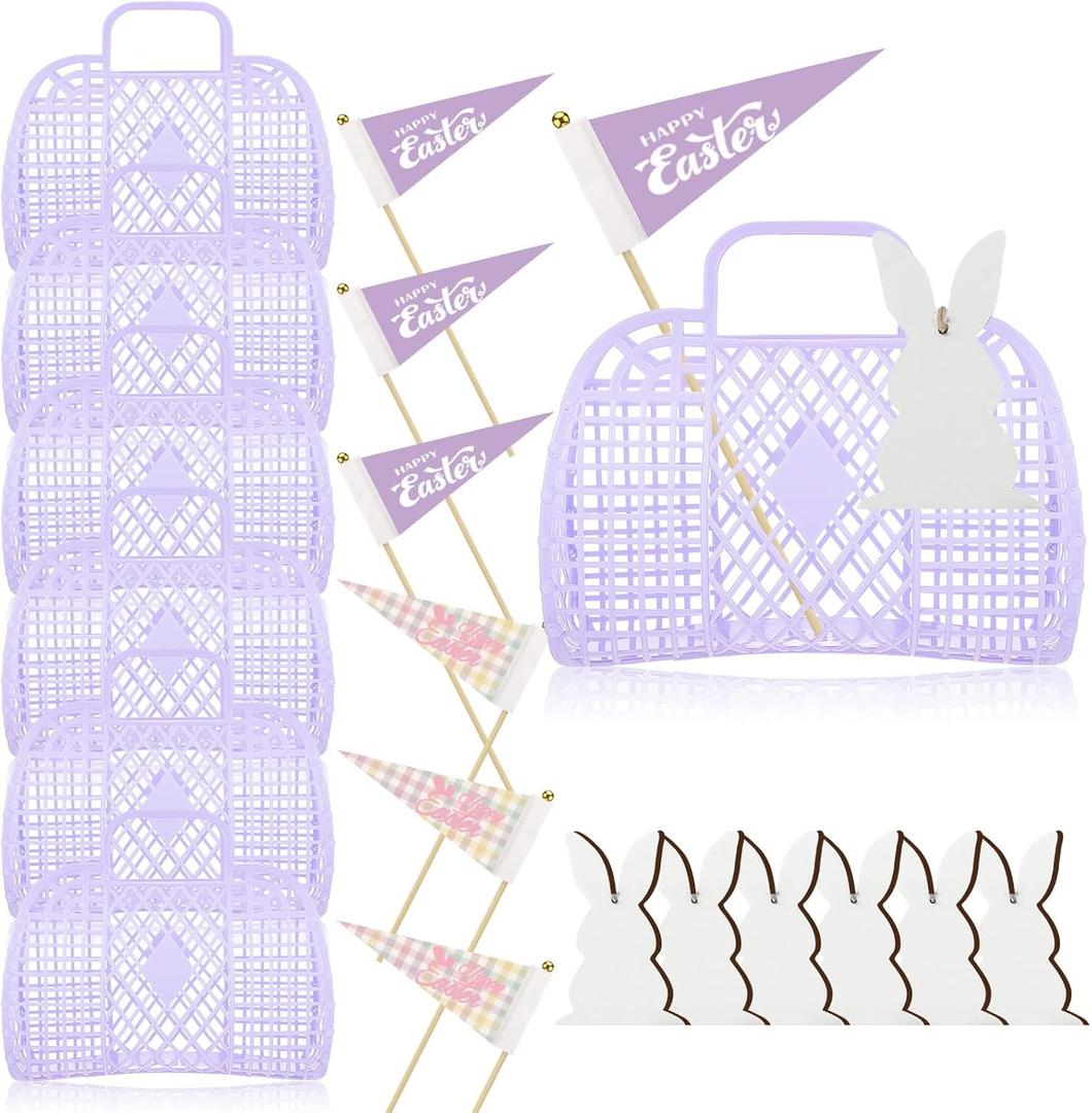 6 Pcs Jelly Bag Cute Jelly Baskets Summer Beach Bag with Wooden Rabbit Tag Pennant Bunny Decoration Beach Tote for Women(Purple)