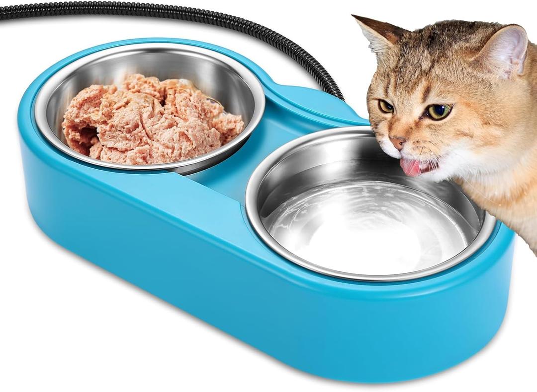 Heated Cat Bowl  Double Removable Stainless Steel Bowls, Freeze-Proof Water & Food, Overheat Protected, Chew-Resistant Cord, UL Listed (lake blue)