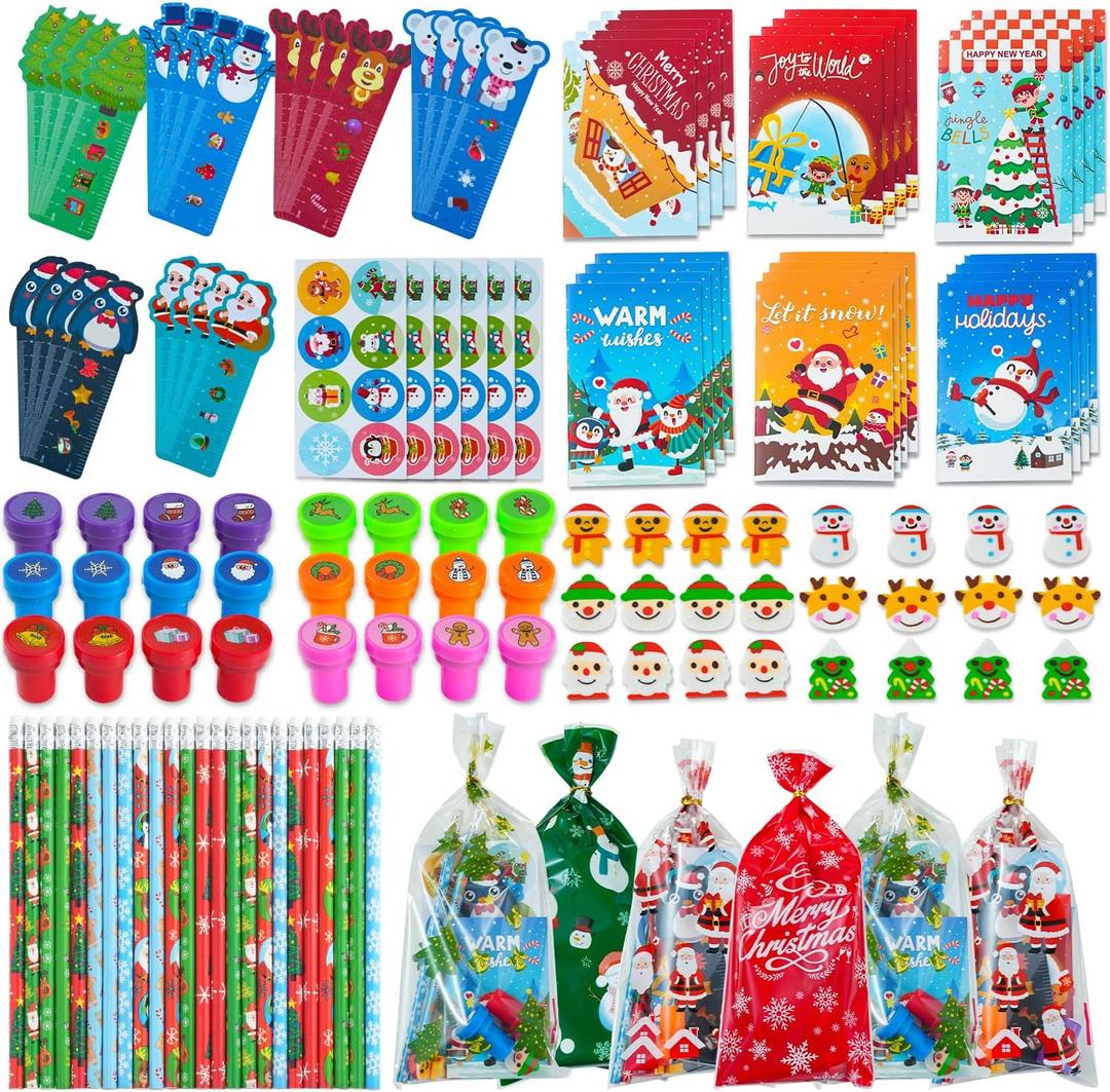 Budbof 168 Pcs Christmas Party Favors for Kids Bulk, 24-Pack School Stationery Set with Notebook Pencils Erasers Rulers Treat Bags for Classroom Gift Exchange Students Prizes Reward
