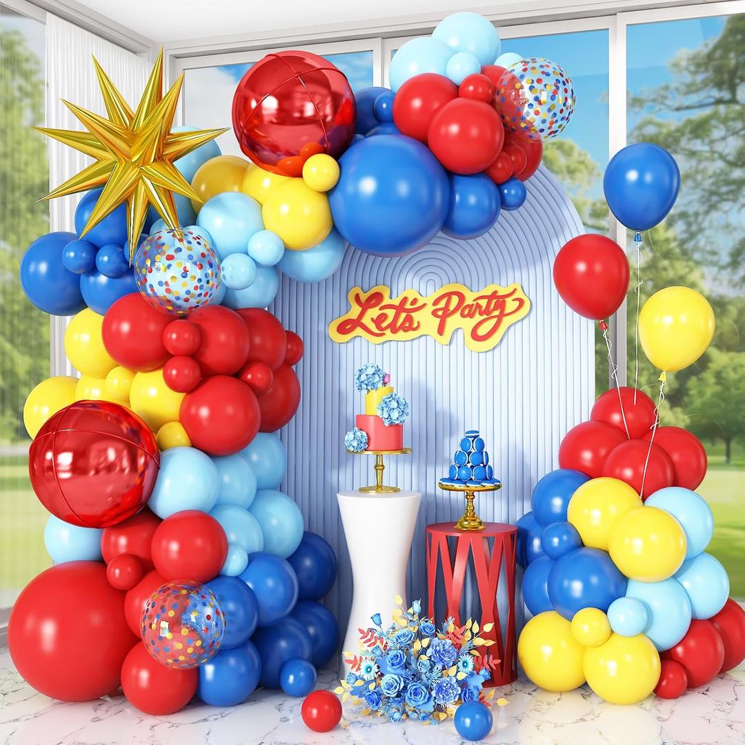 Red Blue Yellow Balloon Arch Garland Kit with Gold Star Foil Balloons Red 4D Round Ball Balloons for Birthday Party Carnival Circus Theme Decorations