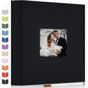 Photo Album Self Adhesive Scrapbook Album for 3x5 4x6 5x7 8x10 Pictures, 60 Pages Linen Cover with Display Window DIY Photo Book,Ideal Gifts for Family Travel Wedding Baby, Size: 13"x12.5" 