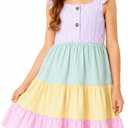 Girls Rainbow Summer Dress, Flutter Sleeve Tiered Sundress for Beach Vacation Muti Color 13-14 Years