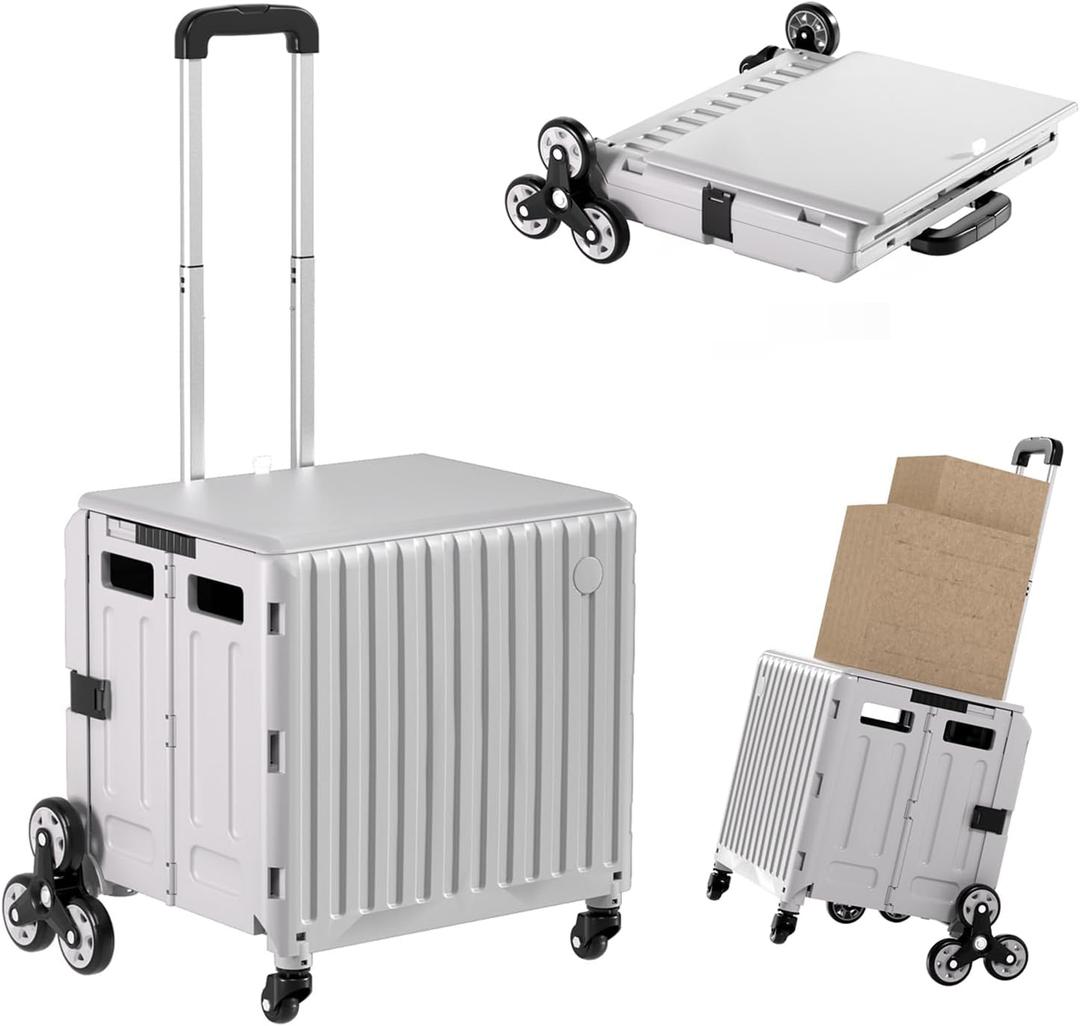 Stair Climbing Cart with Wheels: Collapsible Rolling Cart for Teachers School Supplies Books Art Projects Grocery Trade Shows & Stairs Foldable Utility Organizer with Lid Crate Basket Shelves (Large-Climber Wheels, Gray)