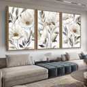 yearainn Floral Framed Wall Art - Beige White Flower Canvas Pictures Wall Decor Modern Blossom Painting Artwork Elegant Botanical Prints Living Room Home Decor Natural Wood Frame 24 x 16in * 3