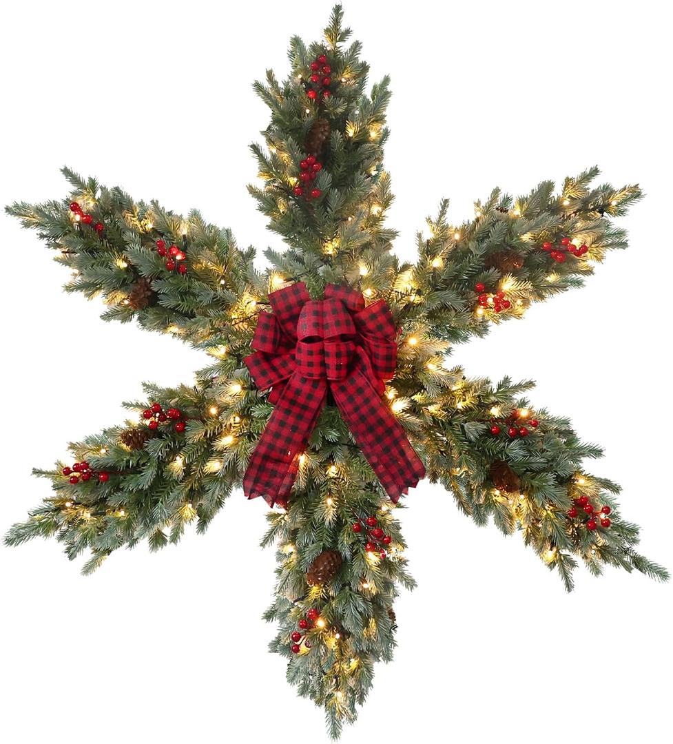 YEAHOME 48 Inch Large Christmas Wreath, 4 FT Pre-Lit Christmas Star Wreaths for Front Door with 120L Warm White LED Lights, Bow-tie, Berries, Pine Cones for Xmas Outdoor Indoor Wall Home Decorations (Green)