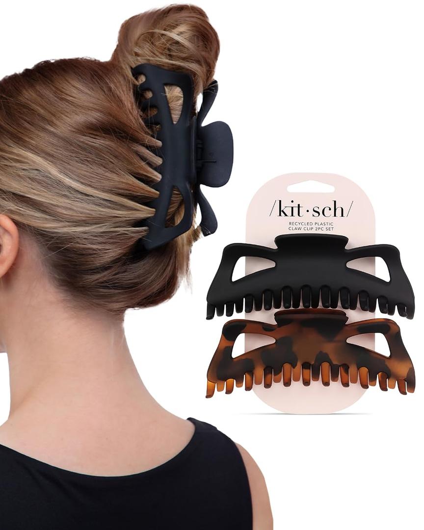 Kitsch 5 Inch Large Claw Clips for Thick and Long Hair | Strong Grip Jumbo Claw Clip for All-Day Hold | 2pcs Matte Oversized Hair Accessories | Ideal Gifts for Women - Black & Tortoise Design