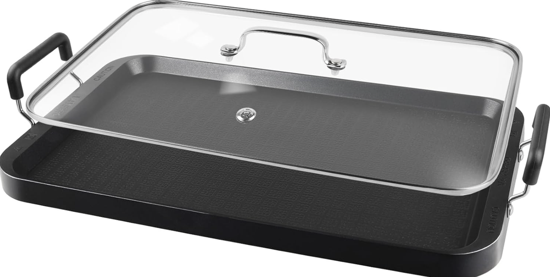 Vayepro 2 Burner Griddle Pan with Glass Lid, Stove Top Flat for Glass Stove Top, Aluminum Pancake, Non-Stick for Gas Grill, Double Burner Camping