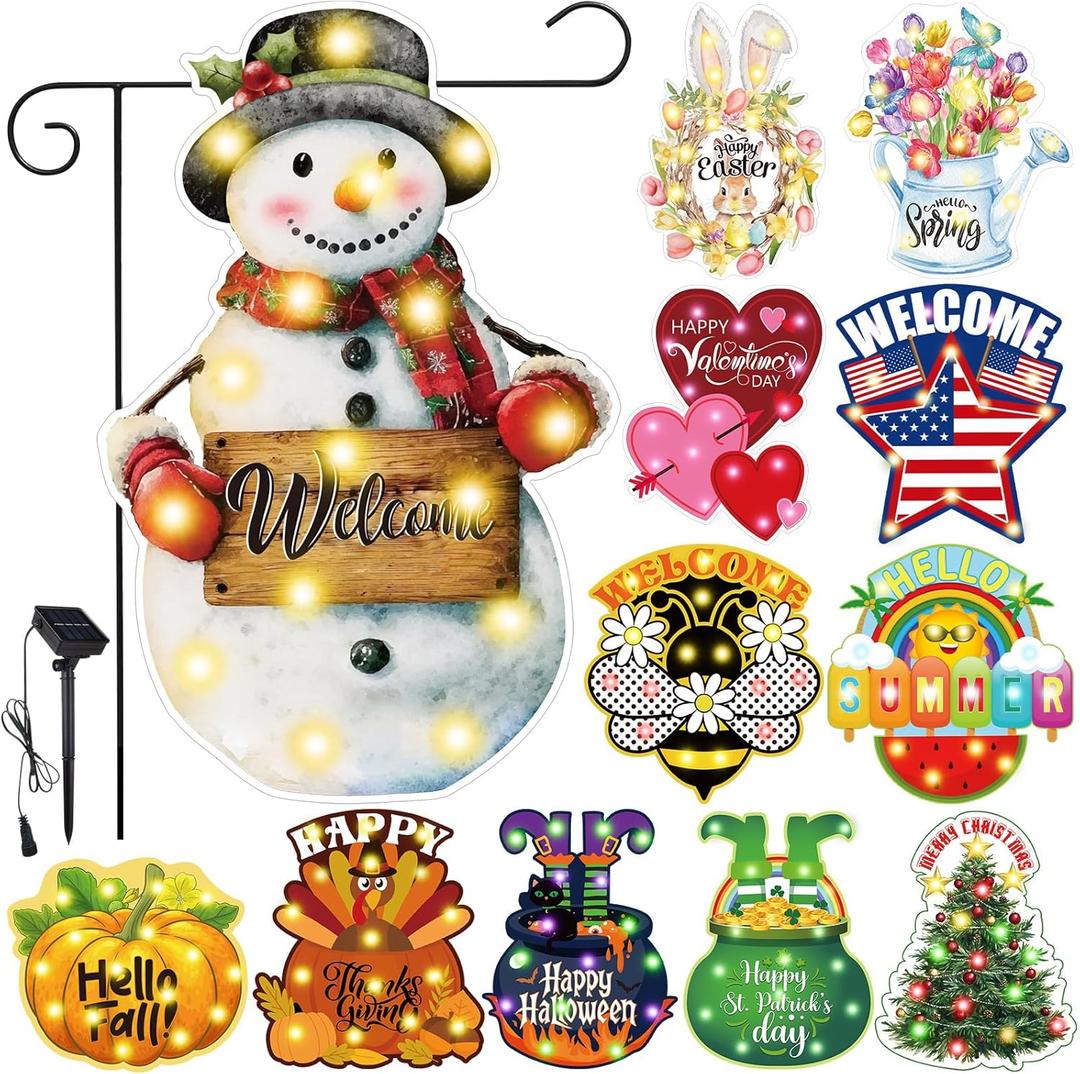 12 Pcs Solar Seasonal LED Garden Flags 12 x 18 Inch Yard Flags Spring Easter Halloween Fall Thanksgiving Day Decorations Welcome Garden Flag Lawn Yard Outdoor Holiday Decoration