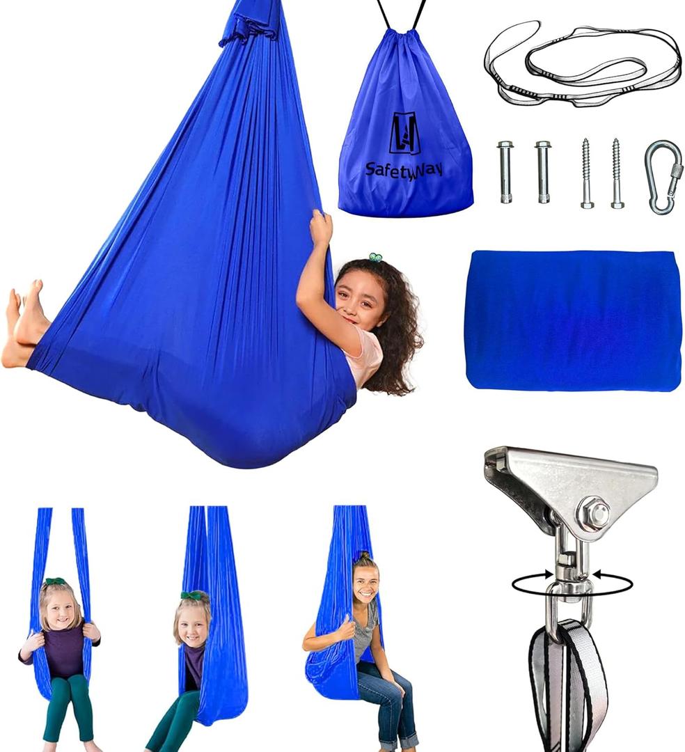 Double Layer Sensory Swing for Kids & Adults | Indoor Therapy Sensory Swing with 360 Swivel Hanger Kit & Holds up to 220lbs | Sensory Joy Therapy Swing Hammock - 140" x 150" (Blue)