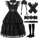 Girls Black Princess Halloween Costume Halloween Dress Up Cosplay Party Outfit for Girls Kids with Wig Belts Gloves (9-10Y)