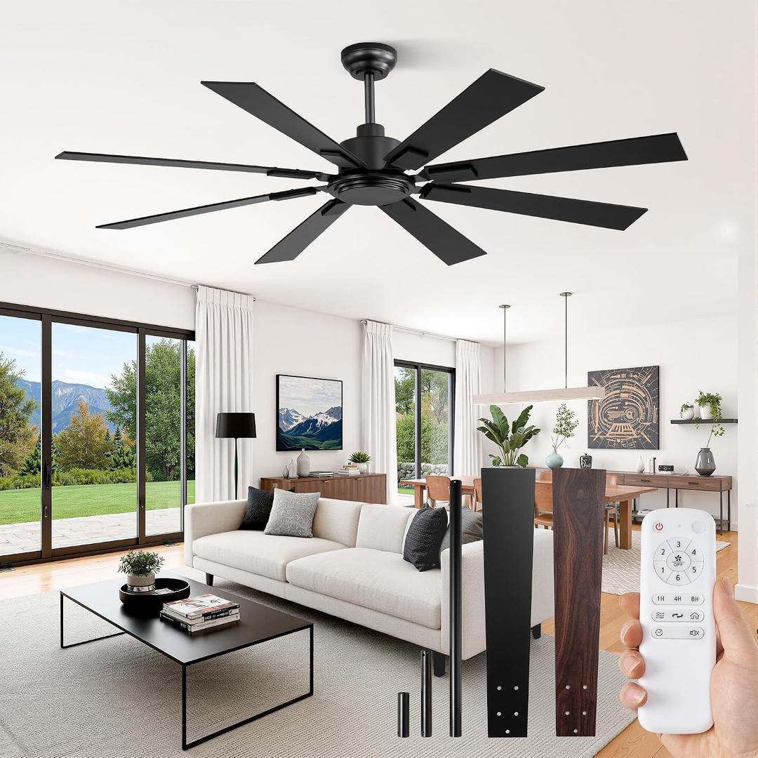ZMISHIBO 62 Inch Ceiling Fan No Light with Remote Control, 8 Blades, Black