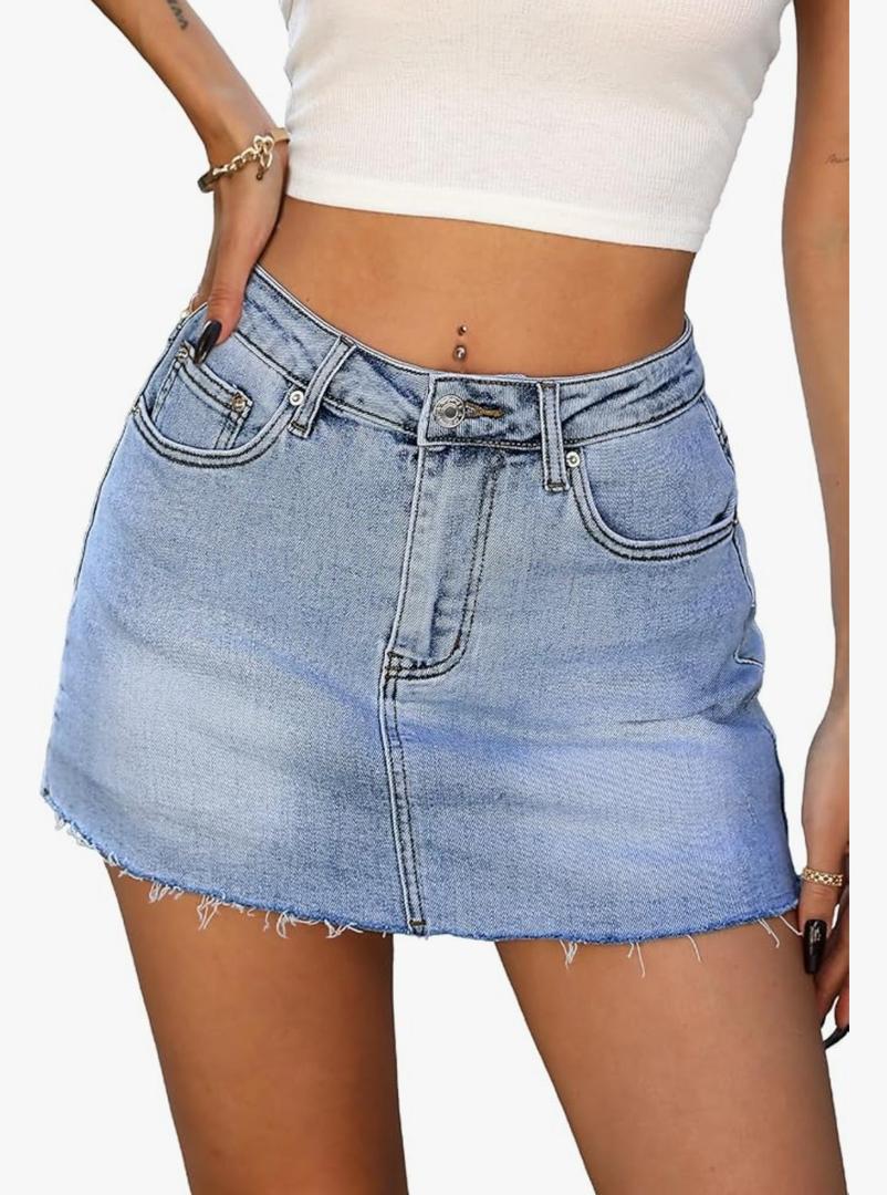 ELLEVEN Denim Skirt with Shorts Mini Skort - Casual Jean Skirts with Raw Hem & Pockets XS
