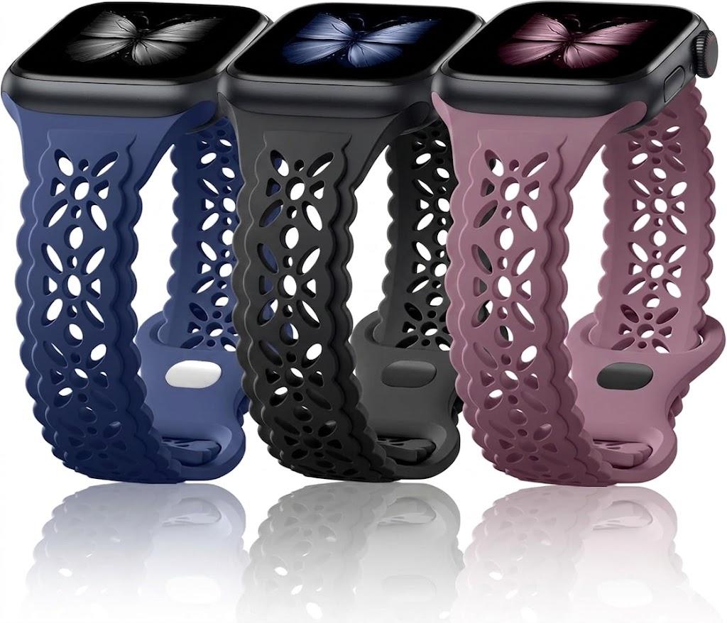 ompatible with Apple Watch Bands Women 46mm 45mm 44mm 42mm 40mm 41mm 38mm, Breathable Sport Silicone Strap Floral Lace Thin Band Replacement for iWatch SE Apple Watch Series 10 9 8 7 6 5 4 3, Smoke Violet/ Black/ Dark Blue