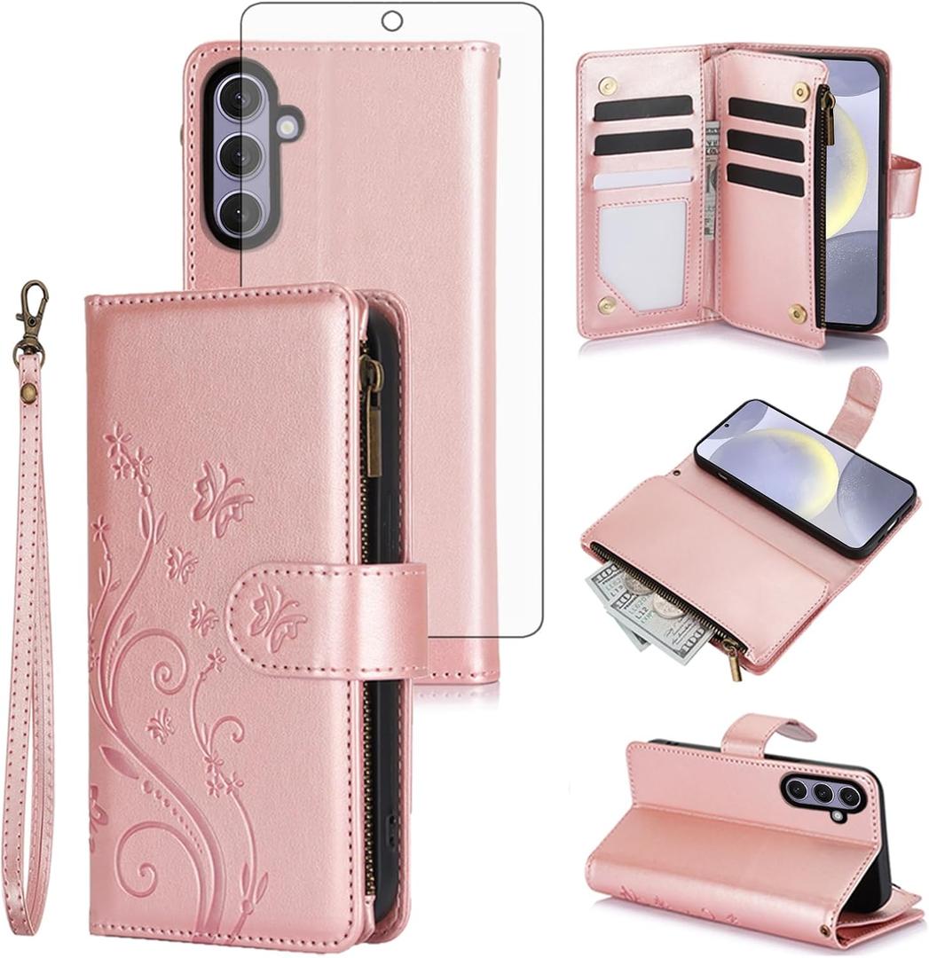 Asuwish Phone Case for Samsung Galaxy S25 FE 5G Wallet Cell Cover with Tempered Glass Screen Protector Strap Flower Flip Zipper Card Holder Slot Stand S 25 EF S25FE 25S 25FE Women Girls Rose Gold