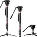 Cayer Monopod Camera Stand, Carbon Fiber Telescopic Monopods Kit with Video Fluid Head and Folding Support Base, 1 Extra Sliding Plate, for DSLR Video Cameras & Camcorders, CF34, 72 Inch