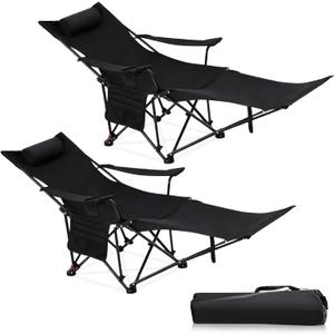 Karenhi 2 Pcs 2-in-1 Reclining Camping Chair with Removable Footrest Folding Recliner Camping Portable Beach Lounge Chair Oxford Fabric Reclining Design with Pillow Pockets Carry Bag