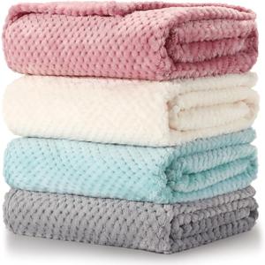 Reginary 4 Pack Fuzzy Blanket 30 x 40'' Waffle Flannel Baby Throw Blankets Warm Nursery & Crib Blankets for Girl & Boy Newborn Infant(Light Blue, Pink, Beige, Gray)
