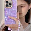 Compatible with iPhone 15 Pro Case for Women Girls, Slim Fit Stylish Cute Phone Case for iPhone 15 Pro with Flower Phone Charm Lanyard Wrist Strap, Hard Protective Case 6.1 Inch Purple Marble