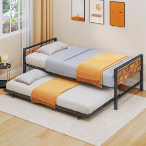 DWVO Twin Daybed with Trundle, Metal Sofa Bed Frame with Wood Headboard and Pull-Out Trundle, Adjustable Height Trundle Daybed for Guest Room, Living Room, Easy Assembly, Black