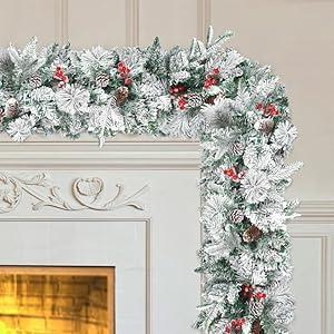 9FT Christmas Garland Decoration, Battery Operated Lighted Prelit Garland with Timers Pine Cones Berries Lush Branches, Snowy Xmas Garland for Mantle, Stairs, Fireplace, Outdoor, Party, Home Decor