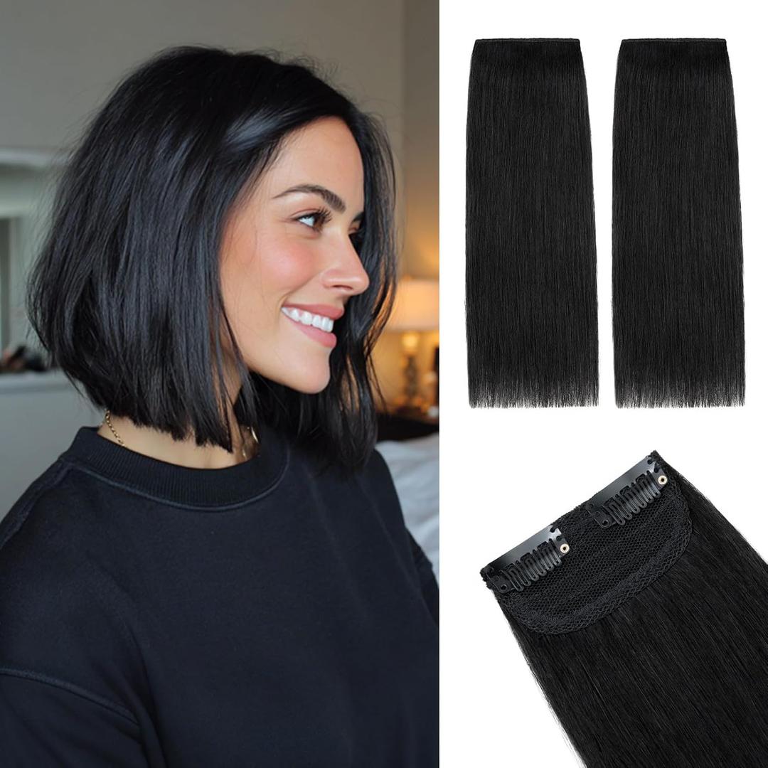 Rich Choices Short Clip in Hair Extensions Real Human Hair - 2PCS Remy Mini Clip ins Hairpiece for Women - Hairs Extensions for Thin Hairs 6 Inch #1 Jet Black