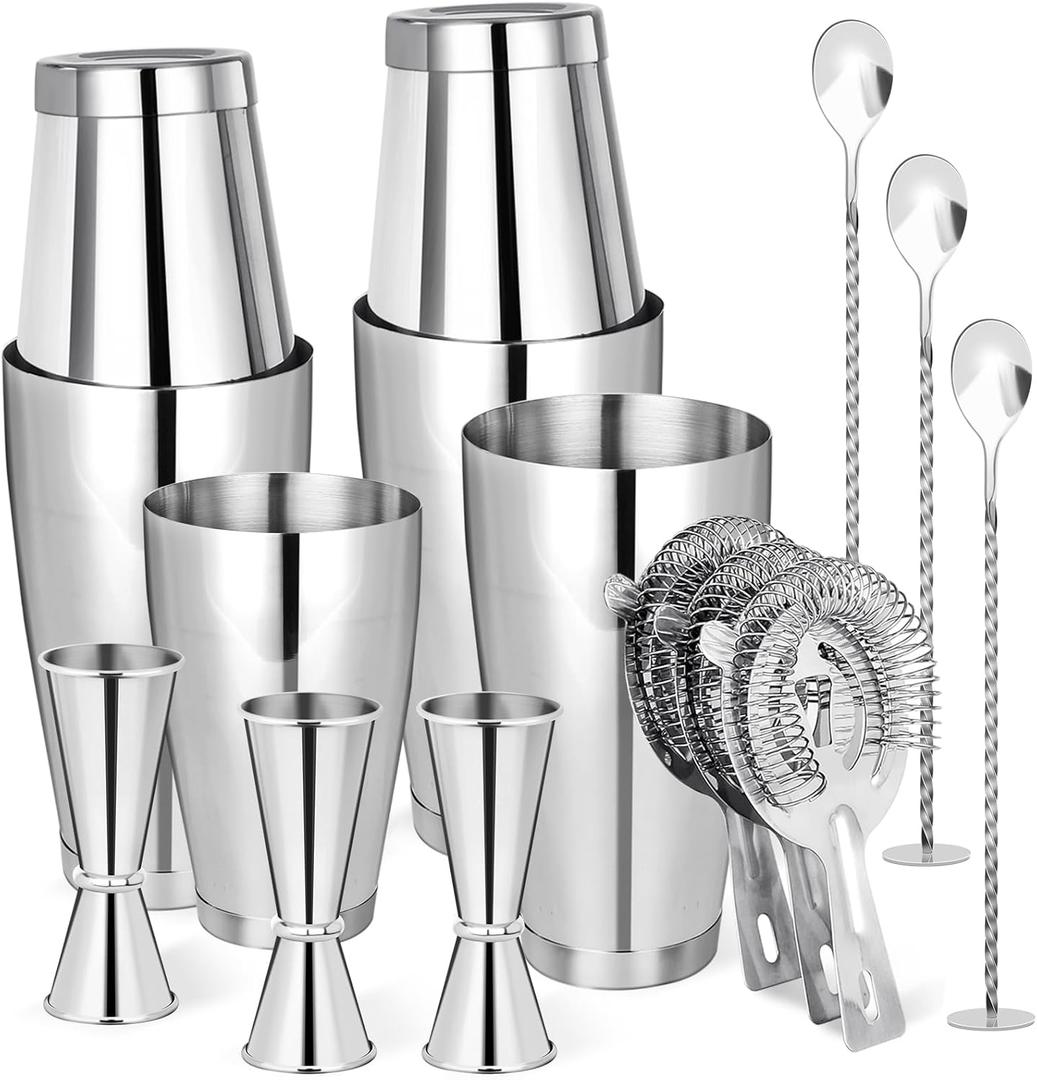 Cocktail Shaker Boston Shaker Set 15 Pcs Professional Bartender Kit Bar Shaker Stainless Steel Drink Shaker Bartending Martini Shaker Tin with 18oz&28oz Mixed Alcohol Shaker Tool for Beginner(Silver) (Sliver)