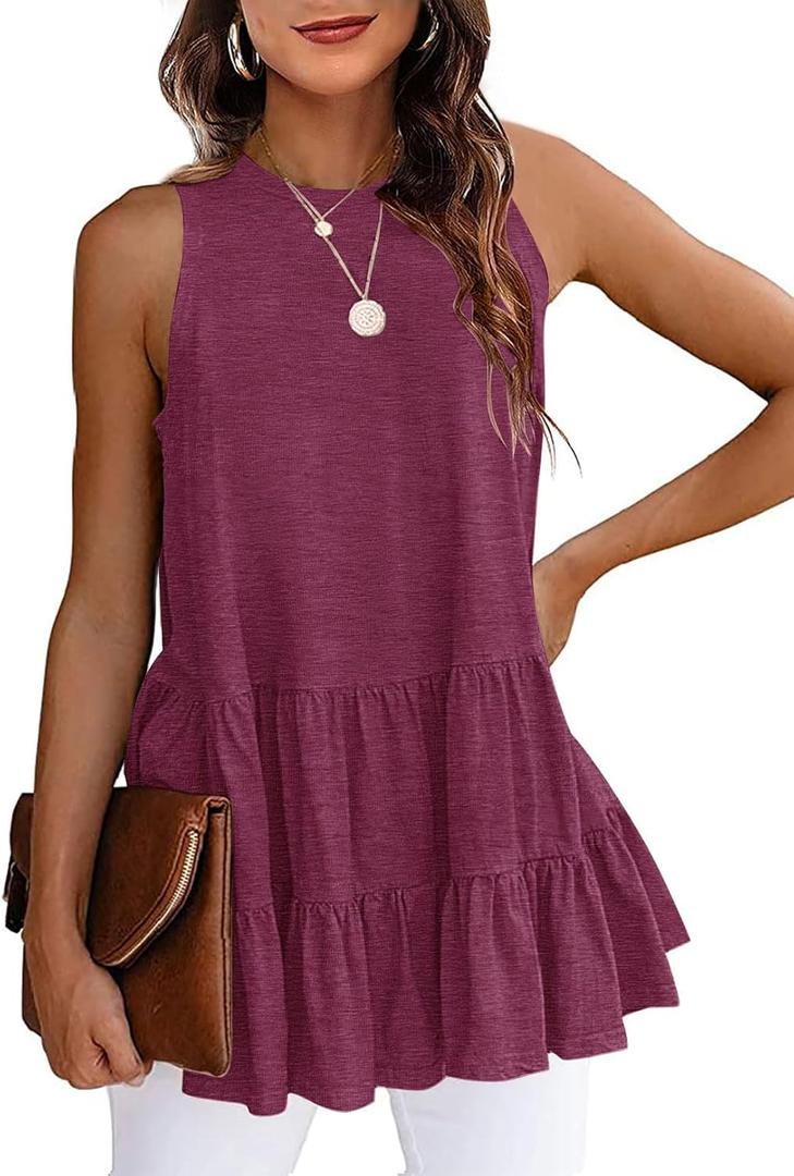 HAEOF Women's Summer Sleeveless Peplum Babydoll Tops Casual Crew Neck Flowy Loose Fit Tunic Tank Shirts (X-Large, Purplered)