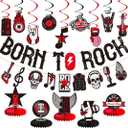 LARRAZABAL Rock and Roll Party Decorations Include Born to Rock Glitter Banner, Rock and Roll Hanging Swirls and Honeycomb Centerpieces for Birthday Baby Shower Party Supplies (Black and Red)