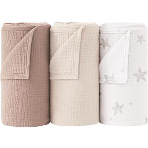 Bearmoss Muslin Swaddle Blankets, 40 x 38 inches Baby Swaddle for Boys and Girls, Soft Baby Blanket, 3 Pack Breathable Nursery Receiving Blankets (Beige Star)