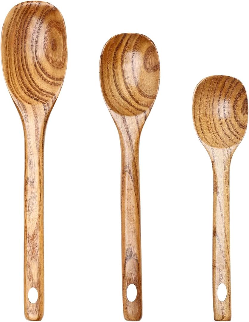 3 Piece Wooden Spoons for Cooking Spoon Set Wood Cooking Utensils Serving Spoon Kitchen Spatula Large Mixing Spoon Long Baking Ladle Bamboo Stirring Non Toxic Spoons Kitchen Tools Utensil (14" & 12" &10")