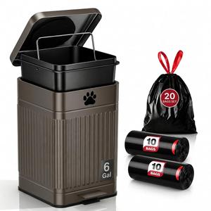 Dog Poop Trash Can Outside - 22L/6Gal Metal Outdoor Trash Can with Lid, Dog Waste Container with 20 Bags, Pet Poop Bucket with Soft Close for Backyard Odor Control, Rectangular Brown