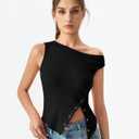 QINSEN Womens Off Shoulder Asymmetrical Tops Diagonal Button-up Closure Split Hem Cropped T Shirts Y2k Tank Top (Black, XL)