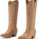 Rollda Cowboy Boots for Women Cowgirl Boots Embroidered Knee-High Western Boots Pointy Toe with Chunky Heel, Size US 7