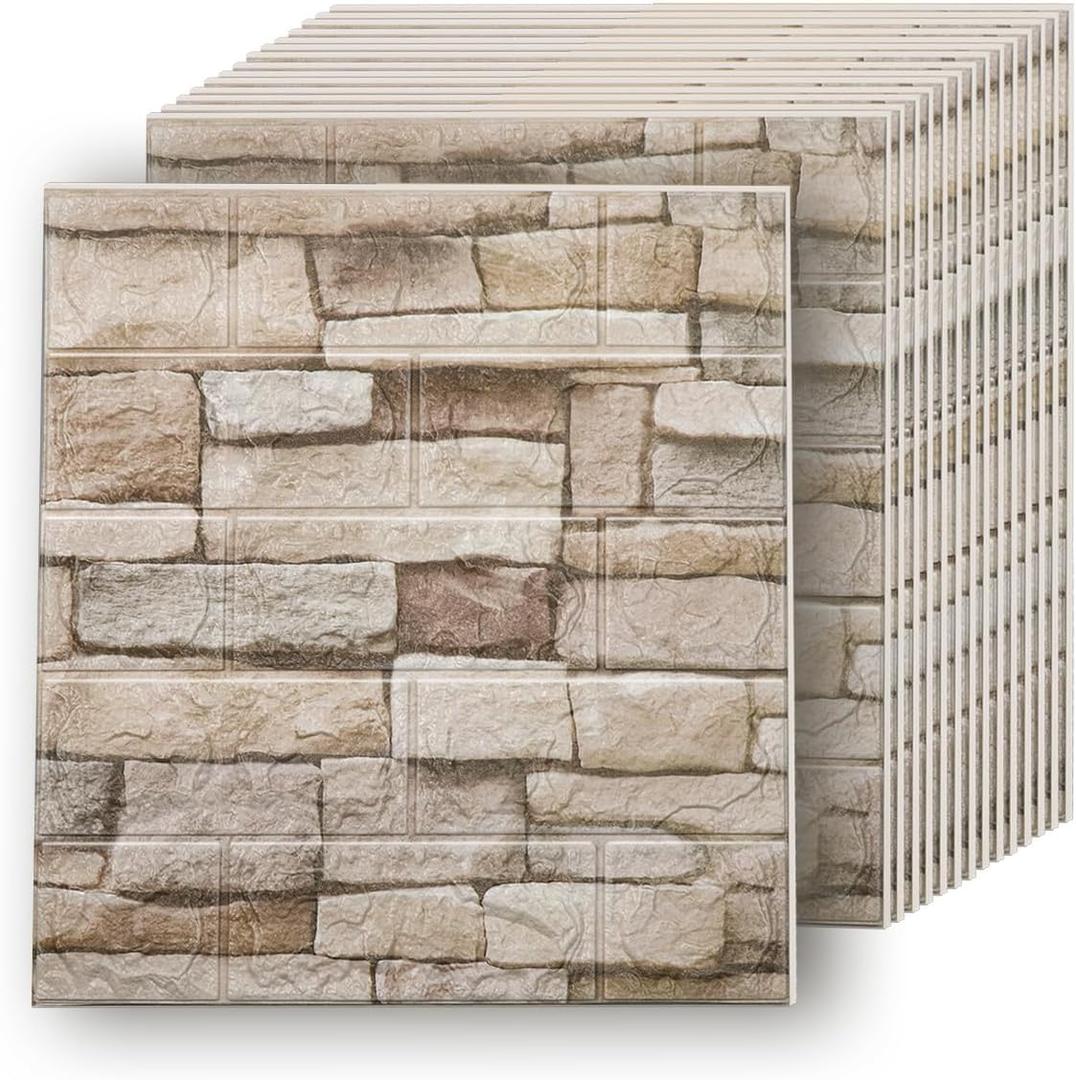 Wall Panels Peel and Stick in Rock, 20 PCS XPE Foam 3D Wallpaper, Faux Brick Wall Panels for Bedroom, Stairs, Kitchen (20PCS, Rock Color) (1ft x 1ft)