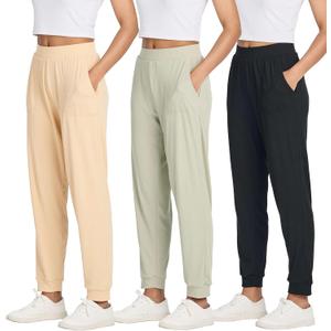 Real Essentials 3 Pack: Women's Ribbed Lounge Jogger Cuffed Yoga SweatpantsPockets  (Large)