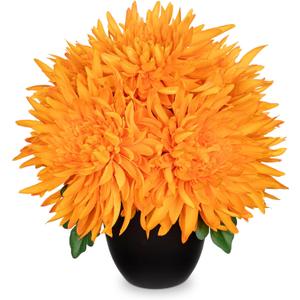 Hollyone Artificial Mums Flowers in Vase Faux Chrysanthemum Silk Flower Potted Plant Fake Plants & Flowers with Pot Floral Arrangements Bouquets Pincushion Spider Mum Flower Home Decor Orange