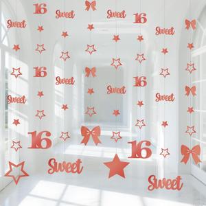 Rose Gold Sweet 16 Party Decorations for Girls Kit Pre-Strung 16th Glitter Twinkle Stars, Bows & Number 16 Birthday Hanging Streamer Banner Happy Sixteen Party Decor Supplies.