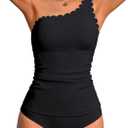 ANFILIA One Shoulder Two Piece Tankini Swimsuits for Women Tummy Control Bathing Suit Scalloped Tankini Top with Bottom Black Medium