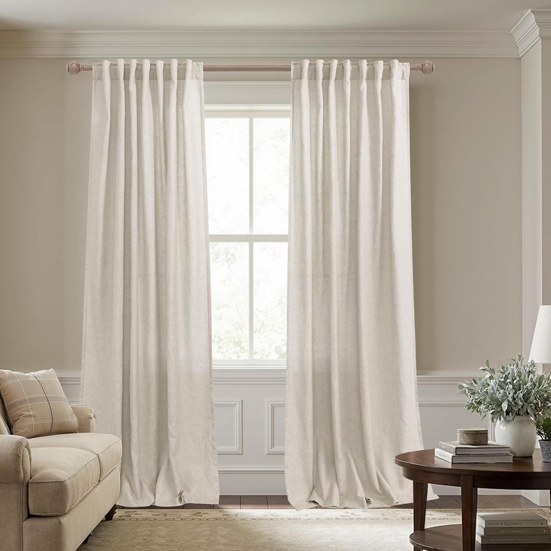 Oatmeal Beige Linen Curtains, Natural Fabric Sheer Greige Rustic Farmhouse Curtain for Living Room, Farm House Primitive Curtains for Bedroom Dining Room, Wide 52 x 84 Inches Long, 2 Panels Set