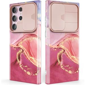 for Samsung Galaxy S23 Ultra Case with Slide Camera Cover, Samsung S23 Ultra Case Shockproof Slim Thin Lightweight, Chic Glossy Fade-Resistant Pattern Phone Cases Cover for S23 Ultra, Pink