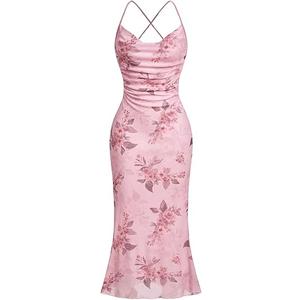 SOLY HUX Women's Floral Mesh Bodycon Cami Dress Cowl Neck Sleeveless Cocktail Party Wedding Guest Long Maxi Dresses (Medium, Pink Floral)