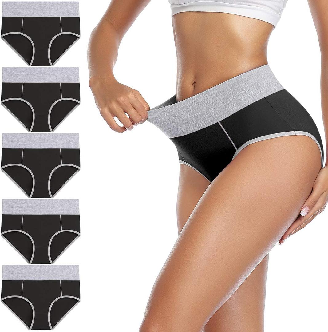 wirarpa Women's Cotton Underwear High Waist Stretch Briefs Soft Underpants Ladies Full Coverage Panties 5 Pack (Black) S