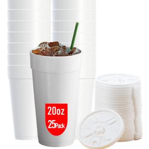 20 OZ Foam Cups With Lids for Hot & Cold Drinks, USA-Made 25-Pack. Ideal Styrofoam Coffee Cups, Insulating To-Go Cups for Soda, Tea, Juice - Sturdy, Disposable & comparable to Industry standard 20J20