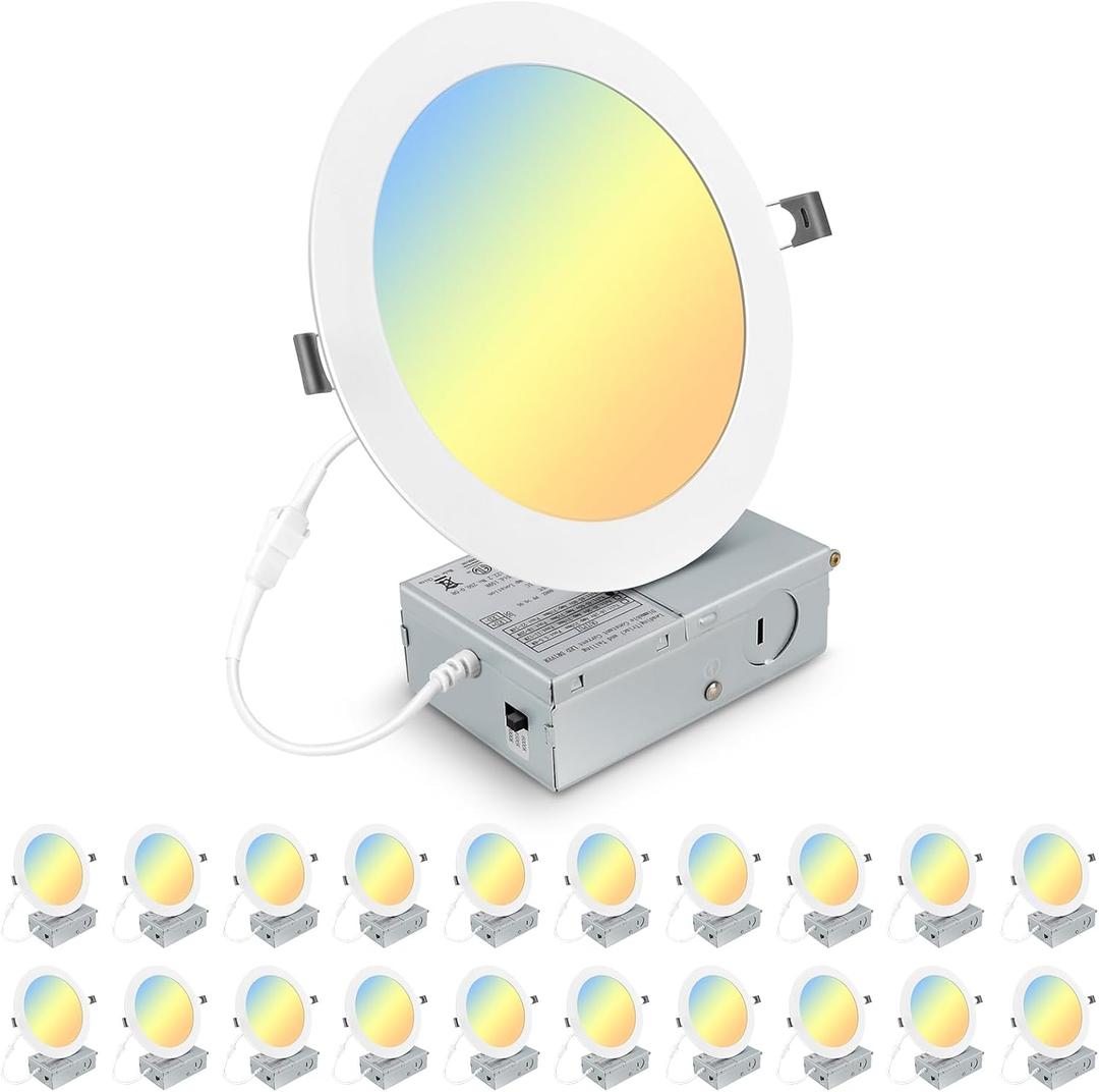 20 Pack 7 Inch 3CCT Ultra-Thin LED Recessed Light with Junction Box, 3000K/4500K/6000K Selectable, 18W Eqv 125W, Dimmable Canless Downlight, 1600LM High Brightness