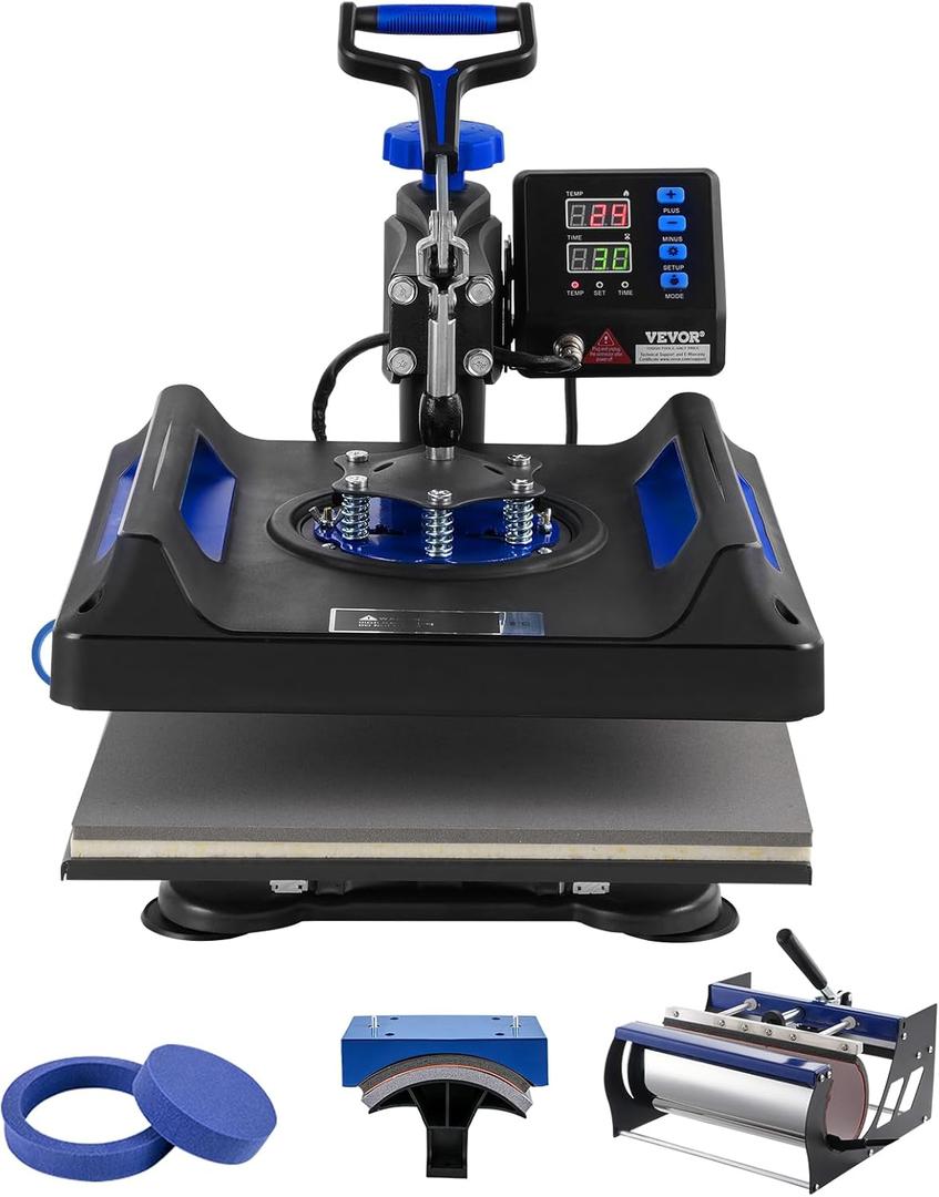 VEVOR 5 in 1 Heat Press Machine, Heat Transfer Machine with 30 oz Tumbler Press, 15 x 15 inch, 360 Swing Away T-Shirt Pressing, Fast Even Heating, for T-Shirts/Mugs/Plates/Hats, Black+Blue