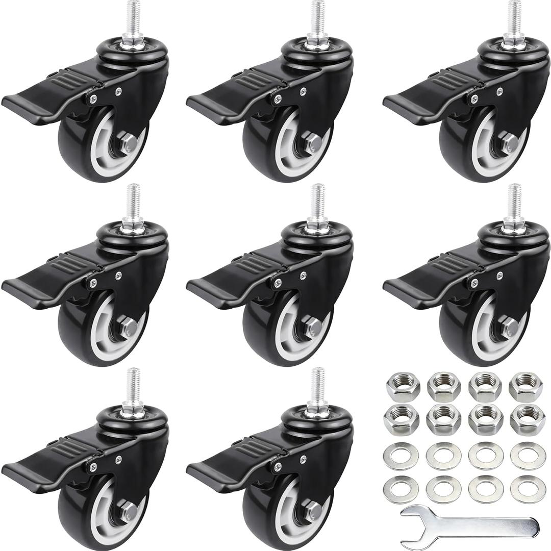 3 Inch Threaded Stem Casters with Total Lock Brake, M10 x 25mm Stem (10mm Diameter, 25mm Length), Heavy Duty Swivel Caster Wheels Set of 8, No Noise Black